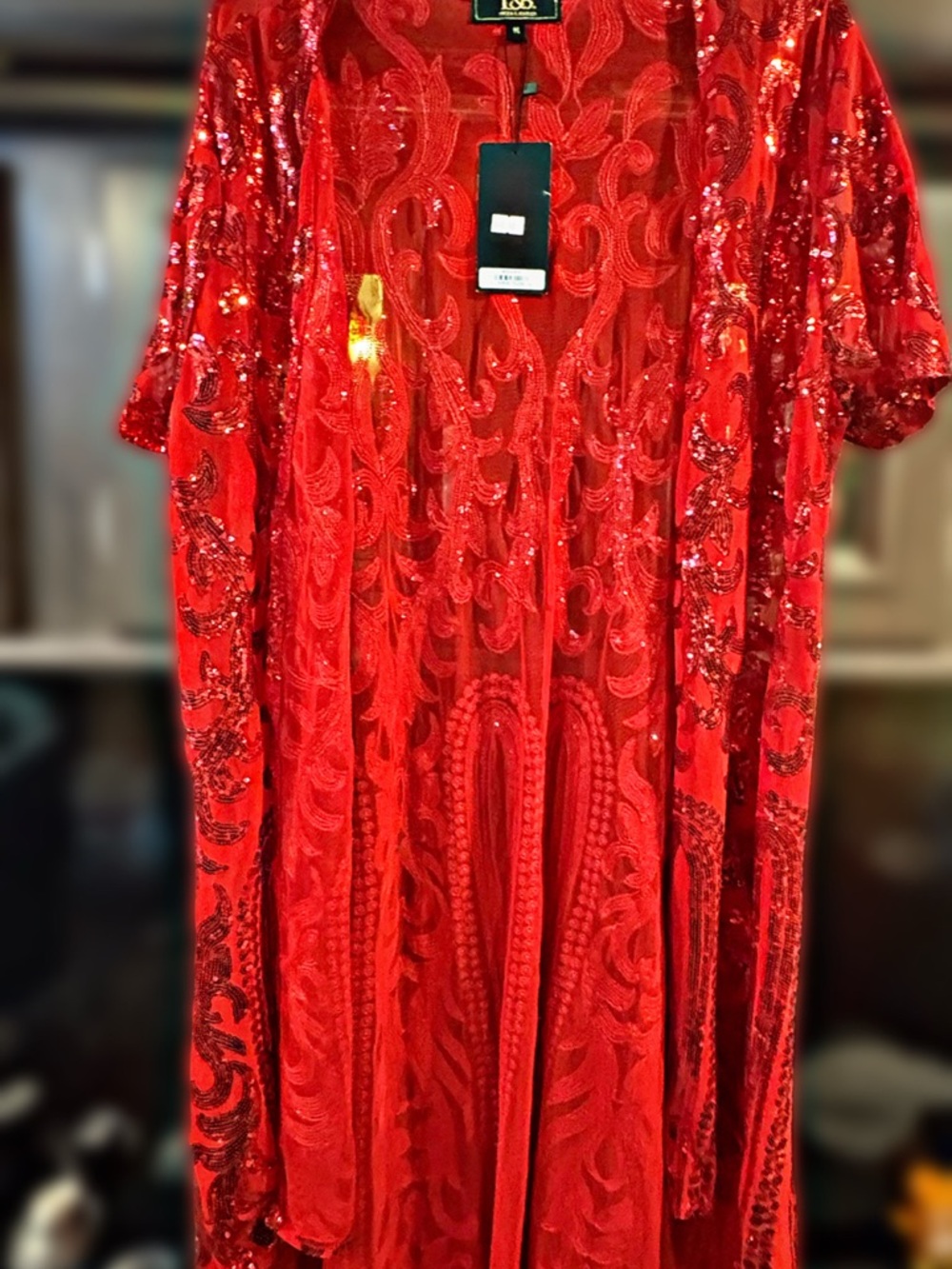 L&B Red Sequined Floral Mesh kimono